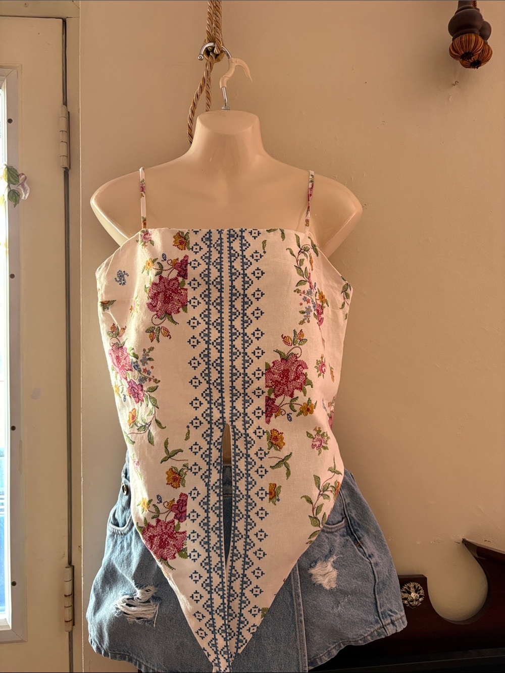 Rachel Zoe Cream Floral Handkerchief Cami with Blue Embroidery.  55. Linen.